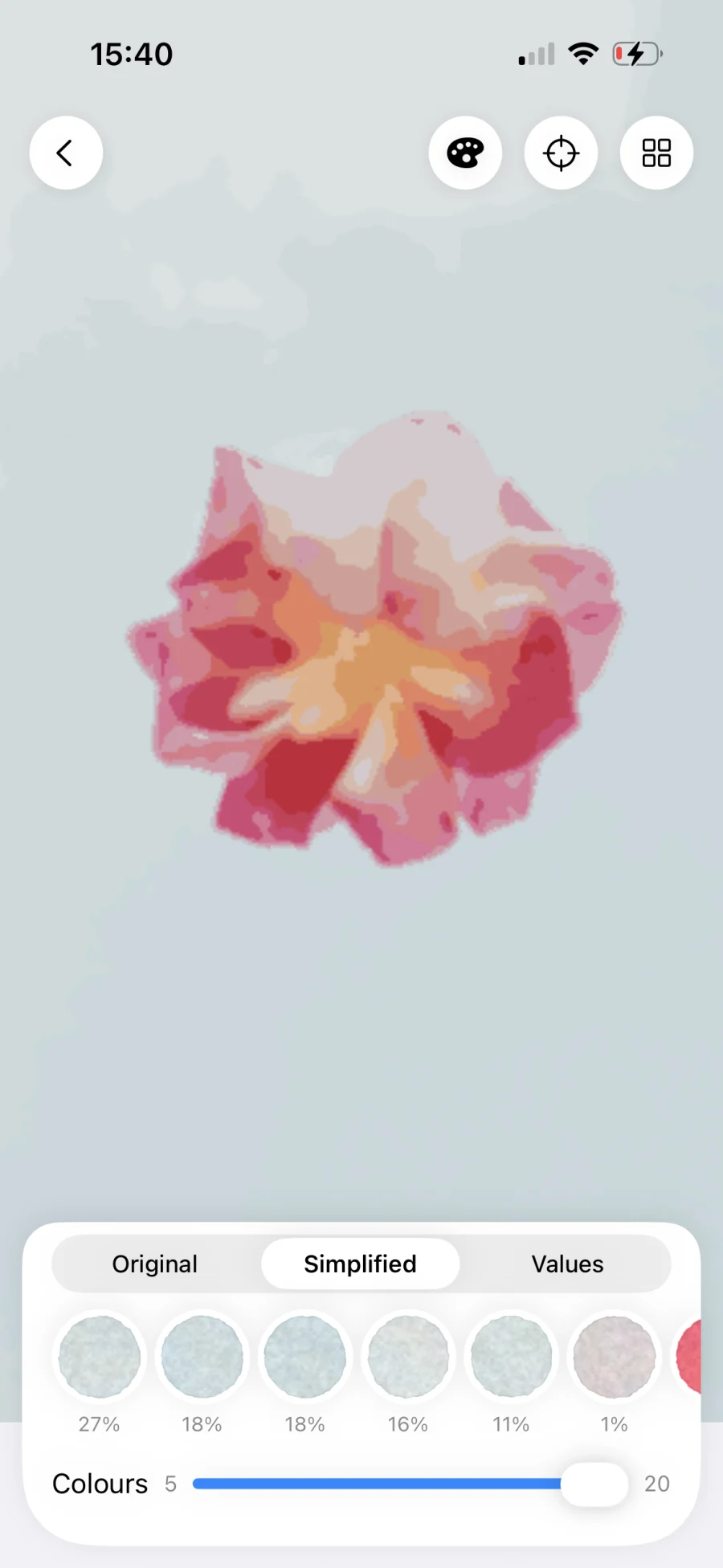The rose photograph opened in Undertint, simplified into paintable colour shapes