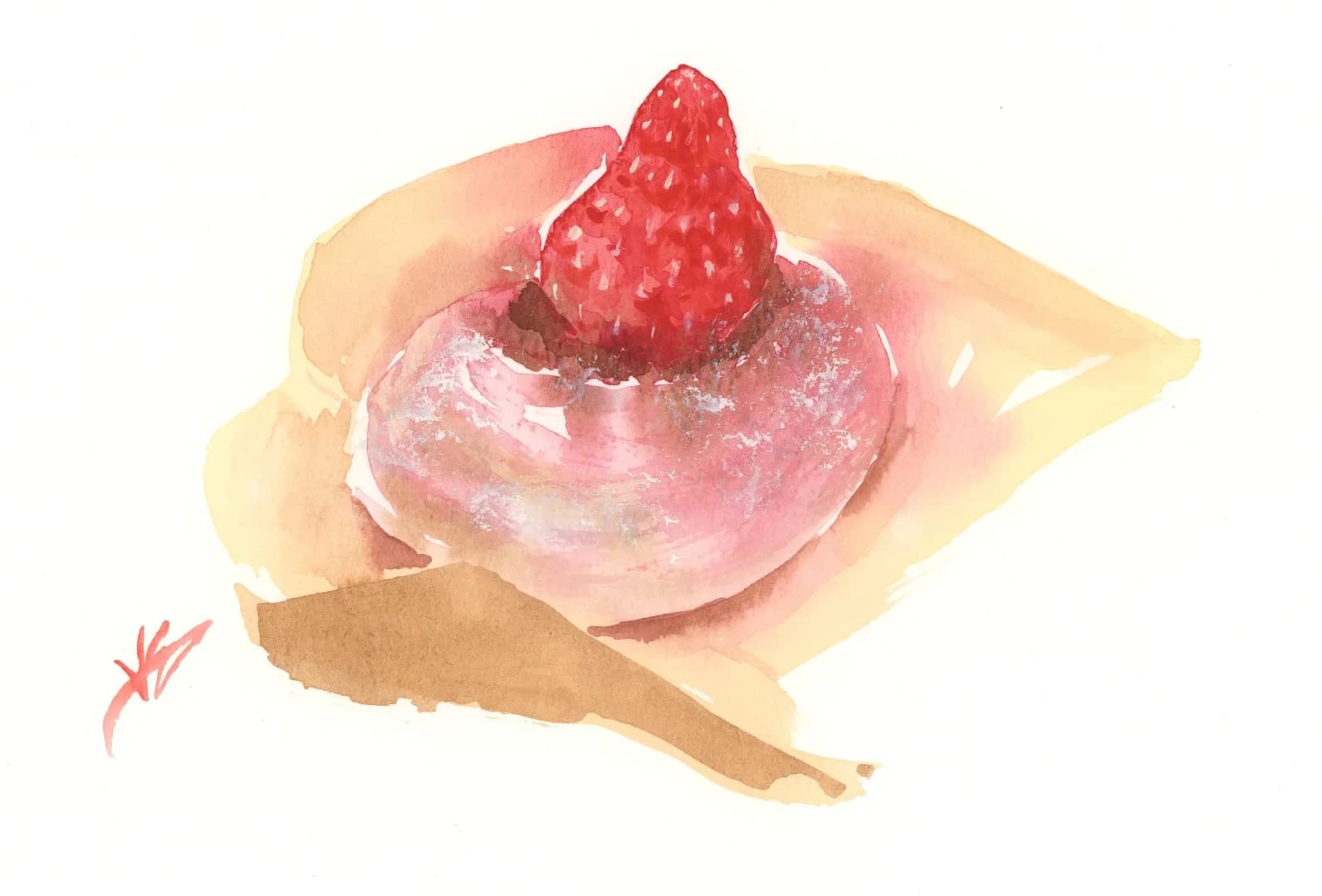 Watercolour painting by Valerie Englehart of a strawberry daifuku