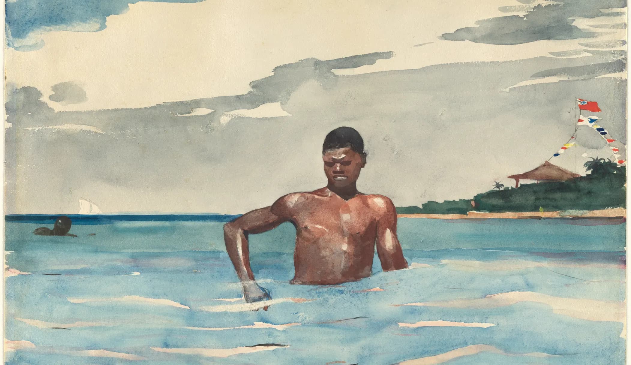 Winslow Homer's watercolour The Bather, 1899: a young man standing chest-deep in pale Bahamian water, his skin built from warm transparent washes with the lit planes left as bare paper.