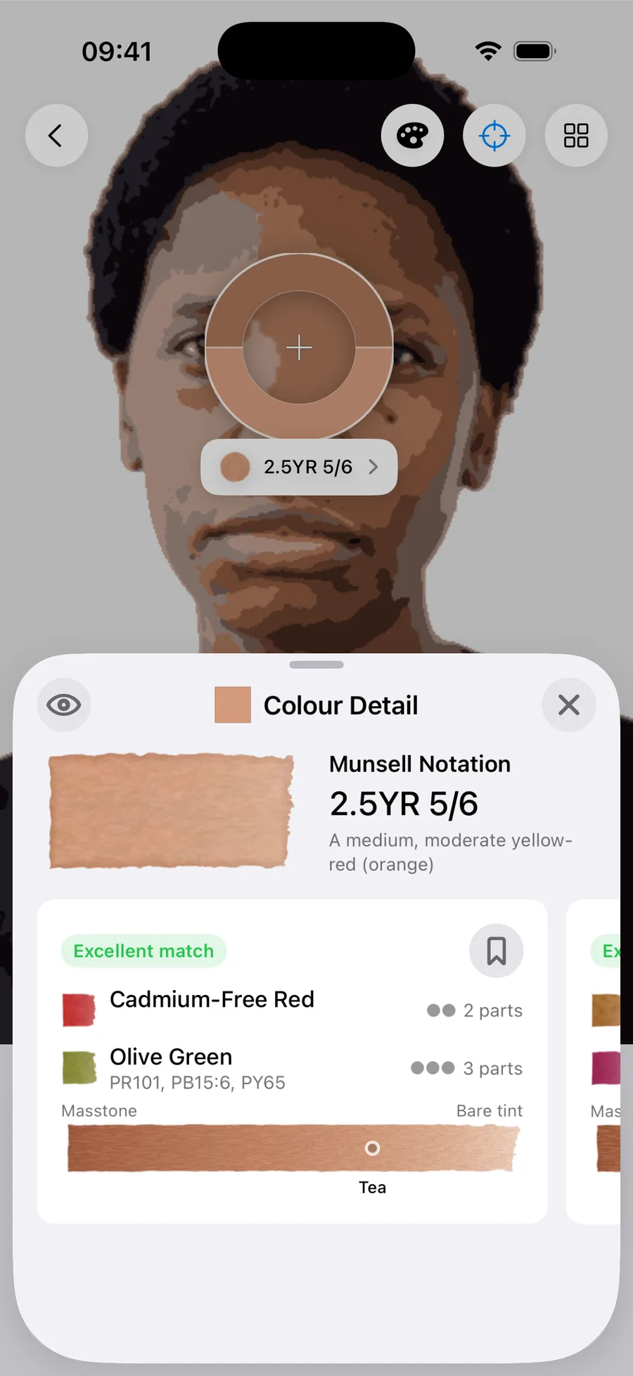Undertint sampling the highlight of brown, red undertone, MST 7. Reads 2.5YR 5/6 — a medium, moderate yellow-red (orange). Excellent match from 2 parts Cadmium-Free Red : 3 parts Olive Green, using Cadmium-Free Red and Olive Green (PR101, PB15:6, PY65), at tea dilution.