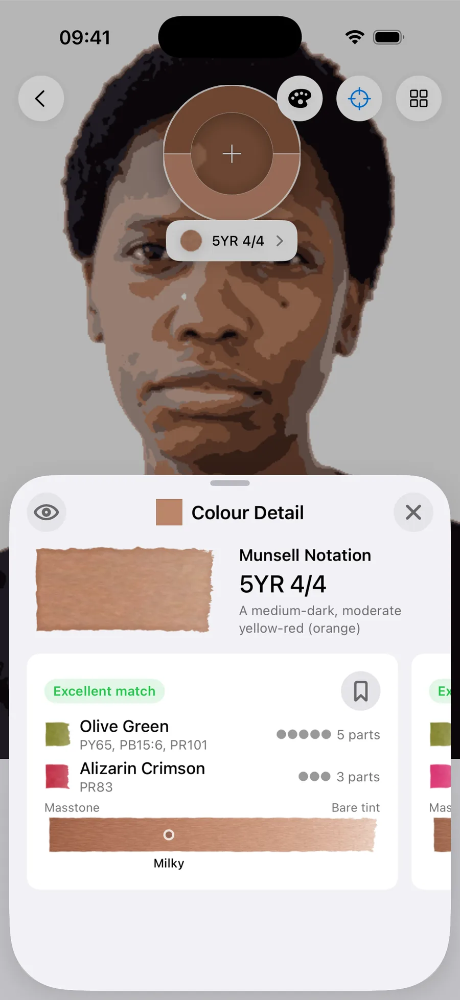 Undertint sampling the mid of brown, red undertone, MST 7. Reads 5YR 4/4 — a medium-dark, moderate yellow-red (orange). Excellent match from 5 parts Olive Green : 3 parts Alizarin Crimson, using Olive Green (PY65, PB15:6, PR101) and Alizarin Crimson (PR83), at milky dilution.