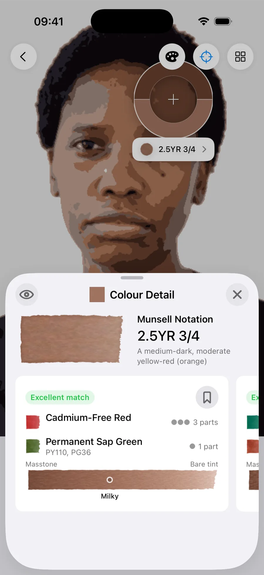Undertint sampling the shadow of brown, red undertone, MST 7. Reads 2.5YR 3/4 — a medium-dark, moderate yellow-red (orange). Excellent match from 3 parts Cadmium-Free Red : 1 part Permanent Sap Green, using Cadmium-Free Red and Permanent Sap Green (PY110, PG36), at milky dilution.