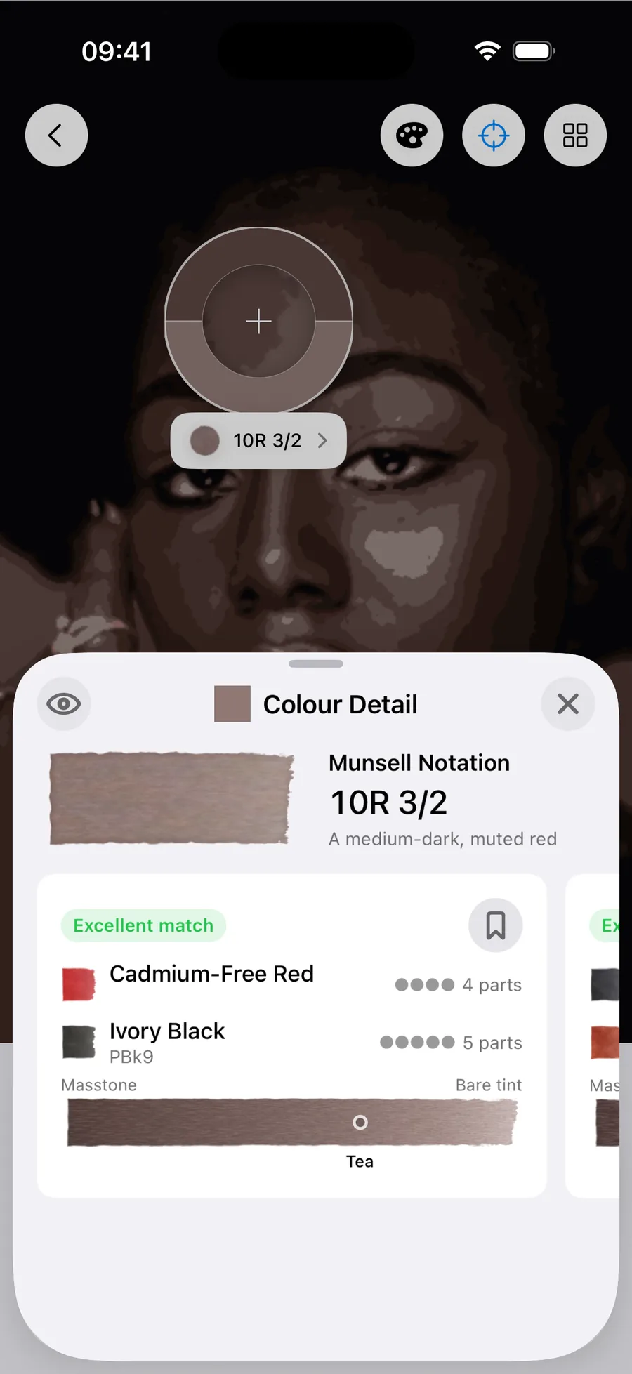 Undertint sampling the highlight of dark, cool undertone, MST 10. Reads 10R 3/2 — a medium-dark, muted red. Excellent match from 4 parts Cadmium-Free Red : 5 parts Ivory Black, using Cadmium-Free Red and Ivory Black (PBk9), at tea dilution.