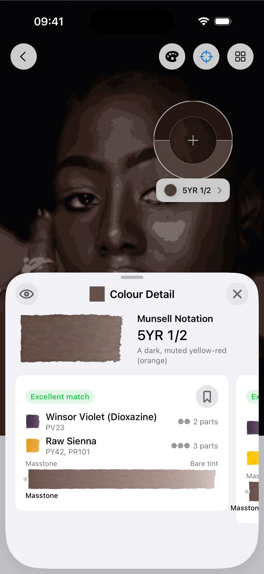 Undertint sampling the shadow of dark, cool undertone, MST 10. Reads 5YR 1/2 — a dark, muted yellow-red (orange). Excellent match from 2 parts Winsor Violet (Dioxazine) : 3 parts Raw Sienna, using Winsor Violet (Dioxazine) (PV23) and Raw Sienna (PY42, PR101), at masstone dilution.