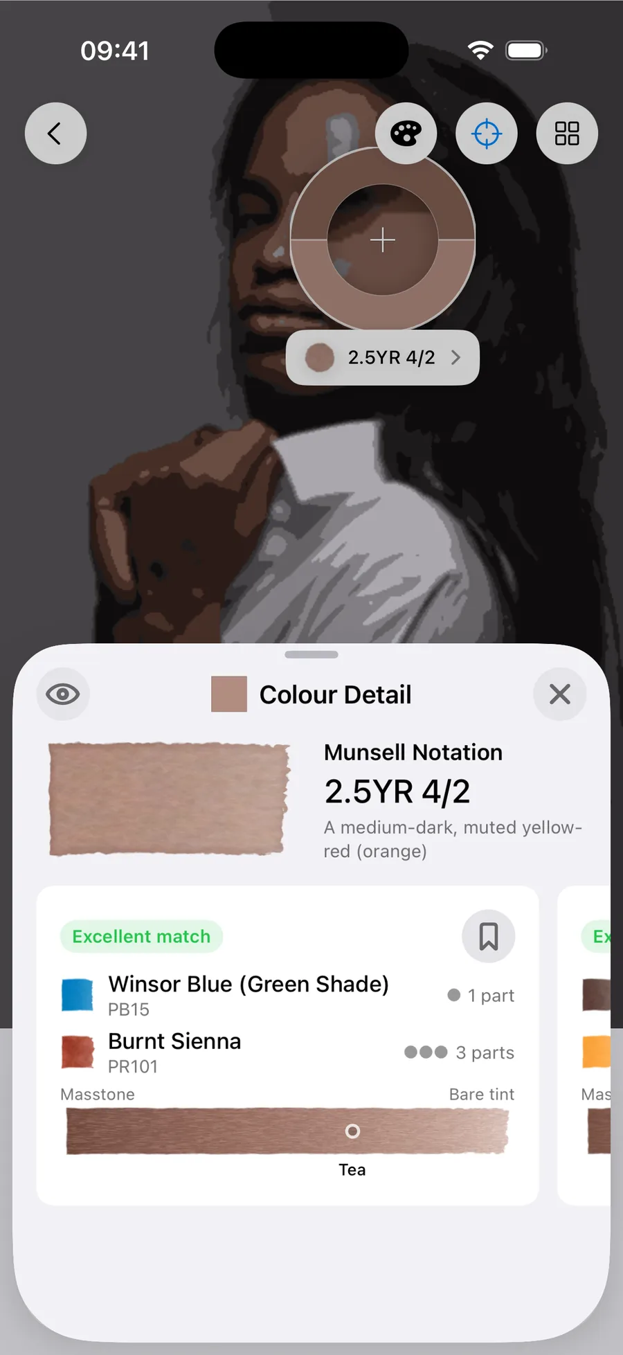 Undertint sampling the highlight of dark, neutral undertone, MST 9. Reads 2.5YR 4/2 — a medium-dark, muted yellow-red (orange). Excellent match from 1 part Winsor Blue (Green Shade) : 3 parts Burnt Sienna, using Winsor Blue (Green Shade) (PB15) and Burnt Sienna (PR101), at tea dilution.