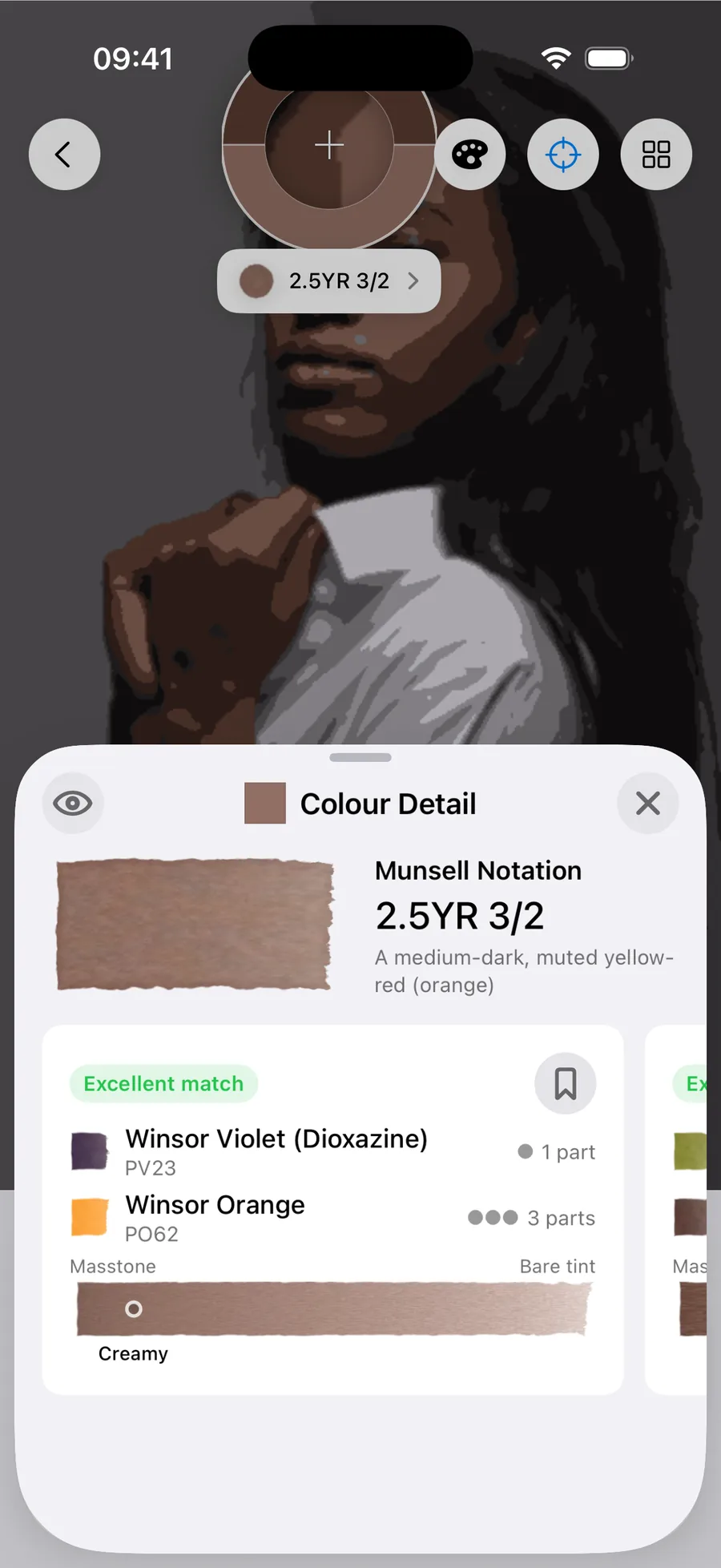 Undertint sampling the mid of dark, neutral undertone, MST 9. Reads 2.5YR 3/2 — a medium-dark, muted yellow-red (orange). Excellent match from 1 part Winsor Violet (Dioxazine) : 3 parts Winsor Orange, using Winsor Violet (Dioxazine) (PV23) and Winsor Orange (PO62), at creamy dilution.