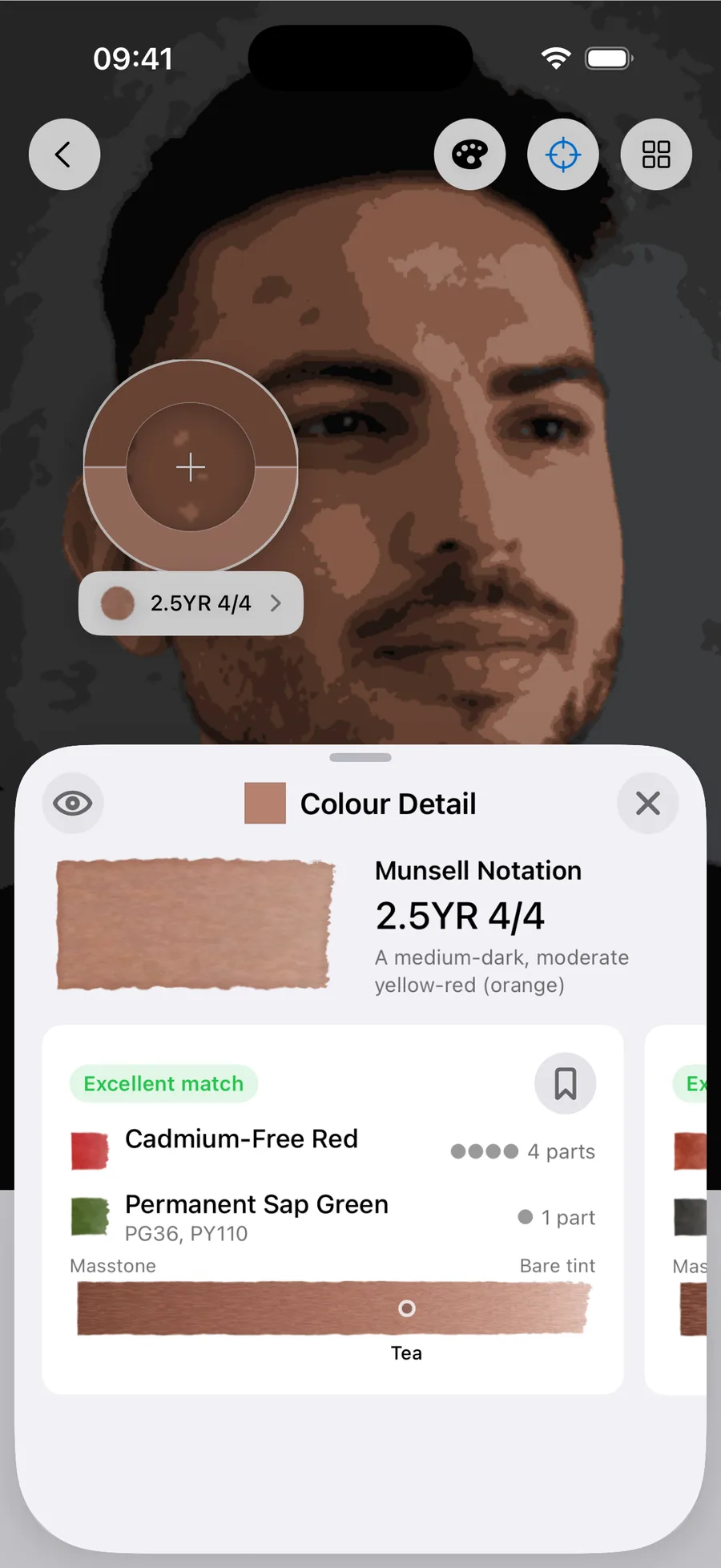 Undertint sampling the mid of medium-dark, MST 6. Reads 2.5YR 4/4 — a medium-dark, moderate yellow-red (orange). Excellent match from 4 parts Cadmium-Free Red : 1 part Permanent Sap Green, using Cadmium-Free Red and Permanent Sap Green (PG36, PY110), at tea dilution.