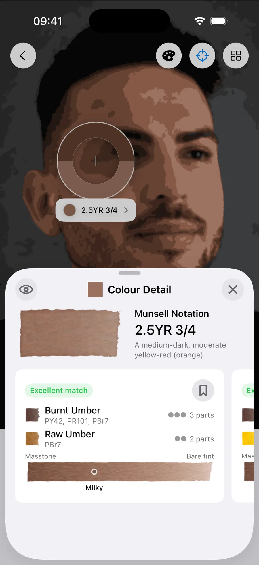 Undertint sampling the shadow of medium-dark, MST 6. Reads 2.5YR 3/4 — a medium-dark, moderate yellow-red (orange). Excellent match from 3 parts Burnt Umber : 2 parts Raw Umber, using Burnt Umber (PY42, PR101, PBr7) and Raw Umber (PBr7), at milky dilution.