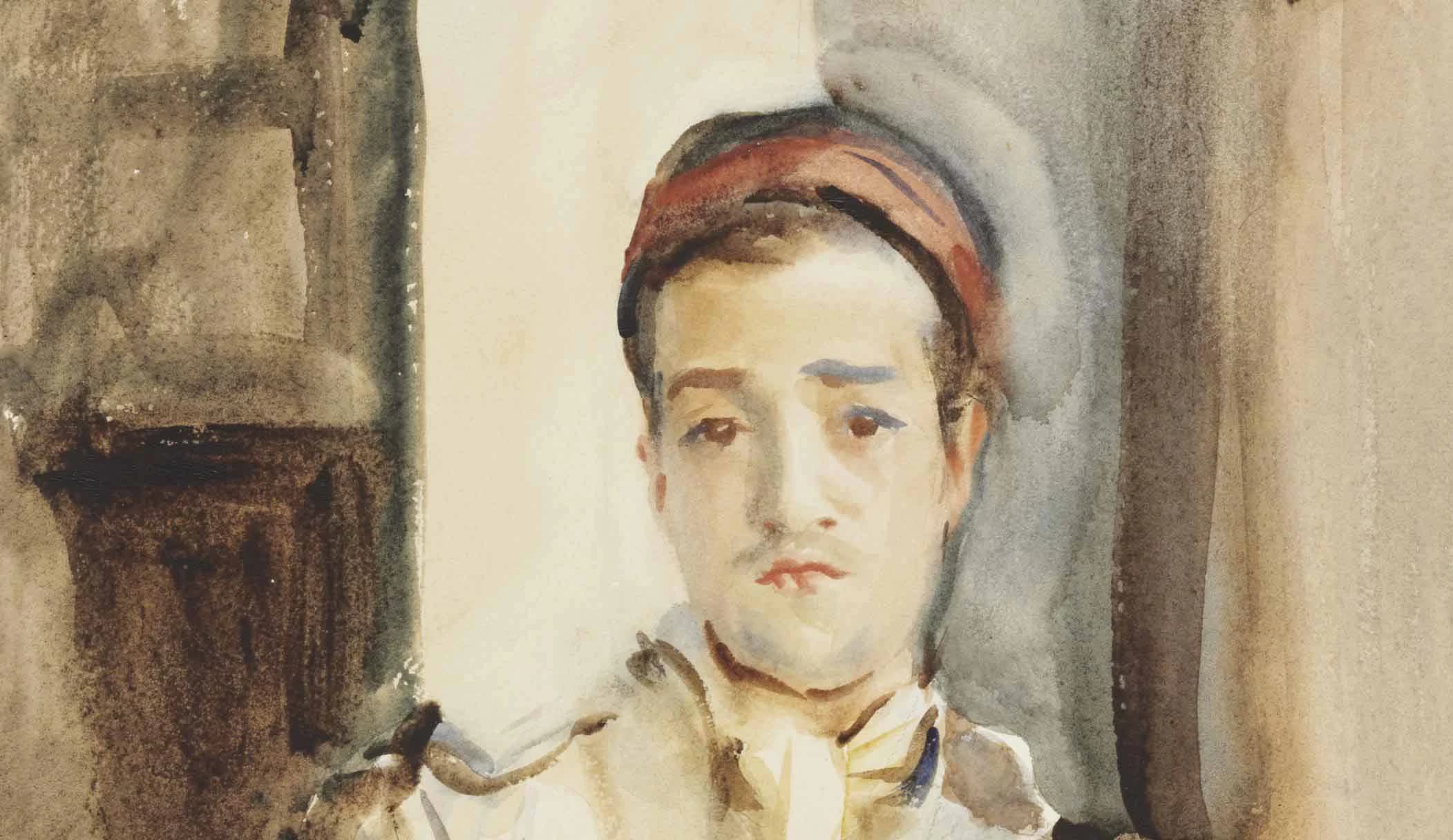 Detail of John Singer Sargent's watercolour Spanish Convalescent, about 1903: a young man in a red cap, his olive skin built from thin warm washes with the paper left as the light.