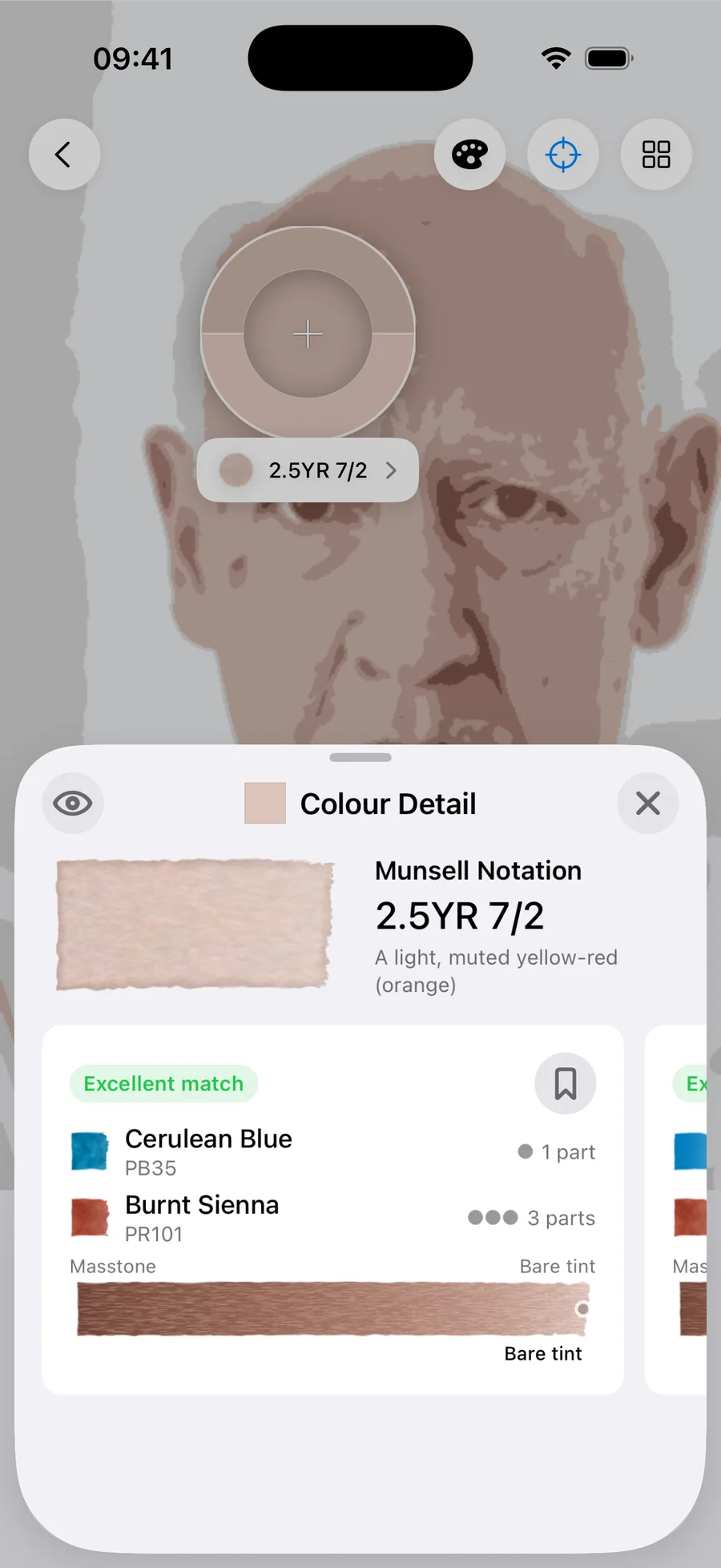 Undertint sampling the highlight of fair, cool undertone, MST 1. Reads 2.5YR 7/2 — a light, muted yellow-red (orange). Excellent match from 1 part Cerulean Blue : 3 parts Burnt Sienna, using Cerulean Blue (PB35) and Burnt Sienna (PR101), at bare tint dilution.