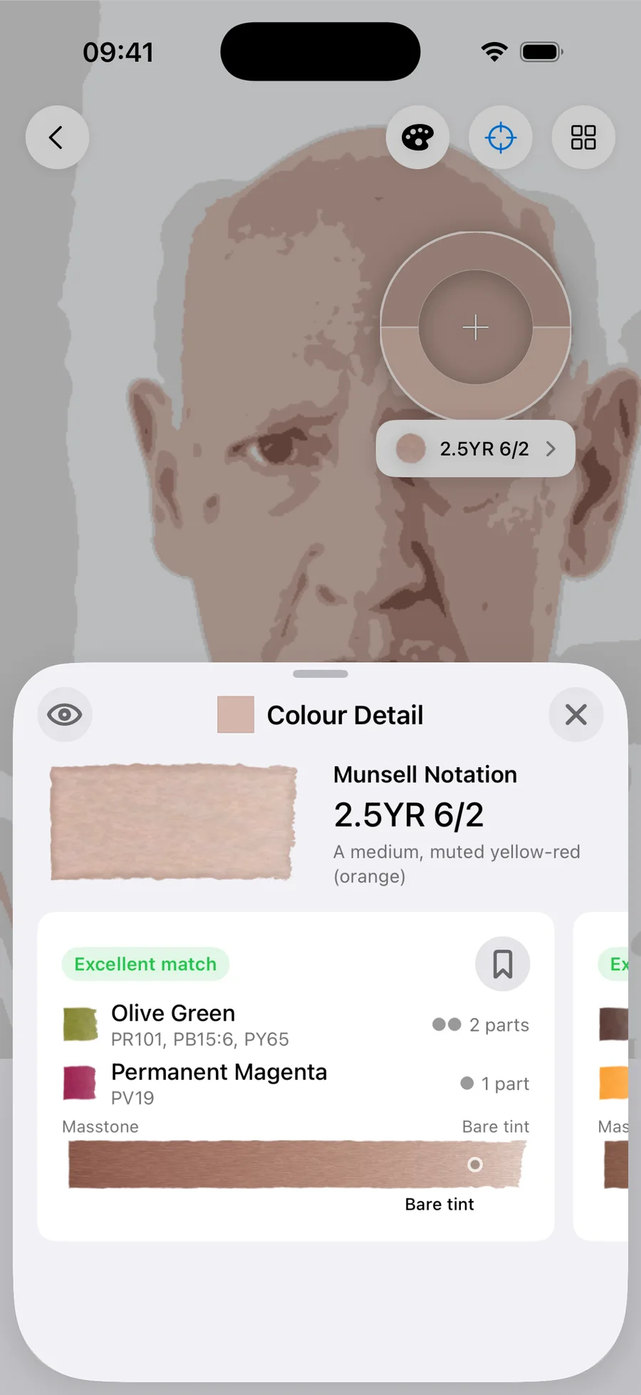 Undertint sampling the mid of fair, cool undertone, MST 1. Reads 2.5YR 6/2 — a medium, muted yellow-red (orange). Excellent match from 2 parts Olive Green : 1 part Permanent Magenta, using Olive Green (PR101, PB15:6, PY65) and Permanent Magenta (PV19), at bare tint dilution.