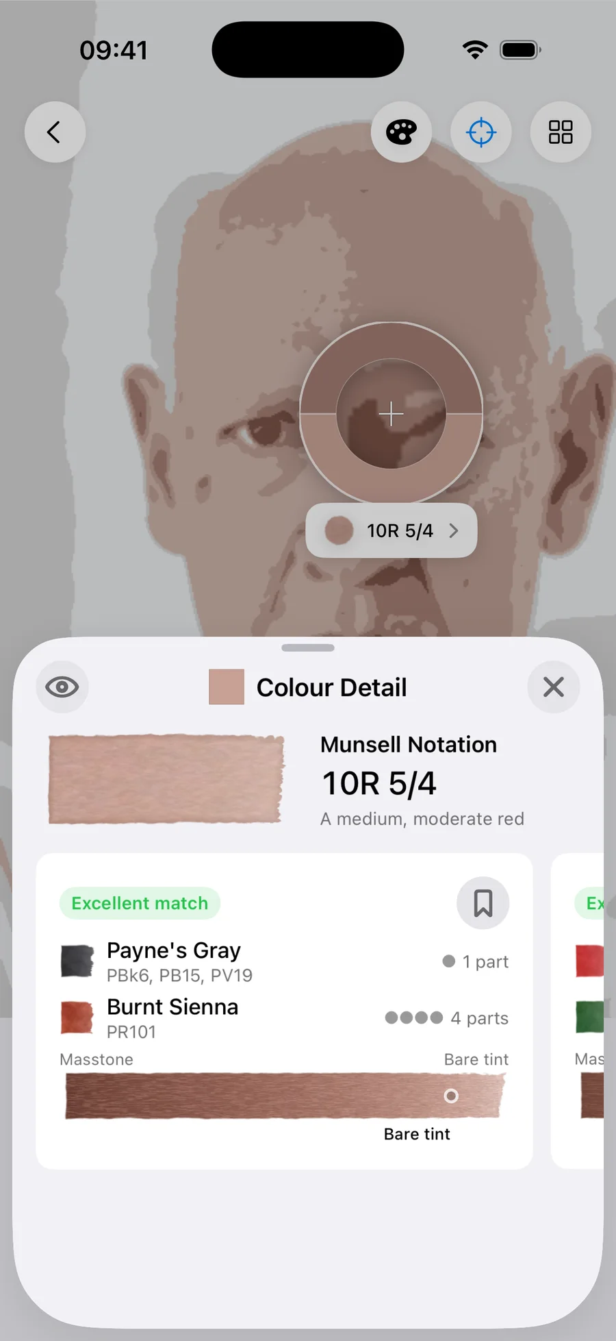 Undertint sampling the shadow of fair, cool undertone, MST 1. Reads 10R 5/4 — a medium, moderate red. Excellent match from 1 part Payne's Gray : 4 parts Burnt Sienna, using Payne's Gray (PBk6, PB15, PV19) and Burnt Sienna (PR101), at bare tint dilution.