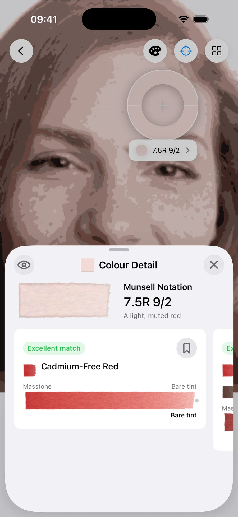 Undertint sampling the highlight of fair, warm undertone, MST 2. Reads 7.5R 9/2 — a light, muted red. Excellent match from Cadmium-Free Red alone, using Cadmium-Free Red, at bare tint dilution.