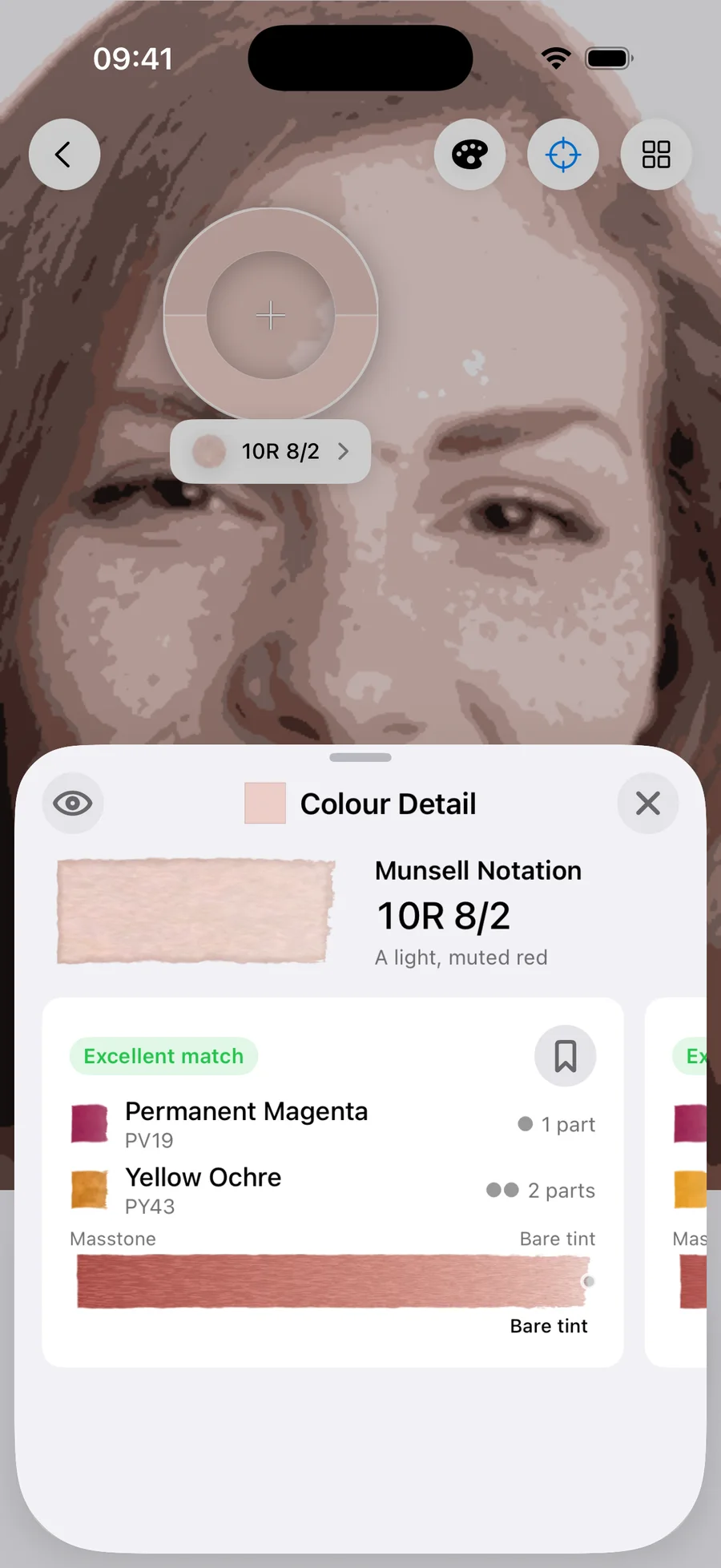Undertint sampling the mid of fair, warm undertone, MST 2. Reads 10R 8/2 — a light, muted red. Excellent match from 1 part Permanent Magenta : 2 parts Yellow Ochre, using Permanent Magenta (PV19) and Yellow Ochre (PY43), at bare tint dilution.