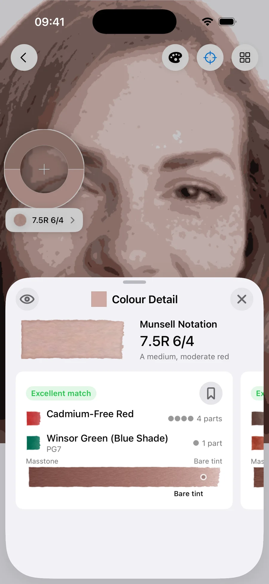 Undertint sampling the shadow of fair, warm undertone, MST 2. Reads 7.5R 6/4 — a medium, moderate red. Excellent match from 4 parts Cadmium-Free Red : 1 part Winsor Green (Blue Shade), using Cadmium-Free Red and Winsor Green (Blue Shade) (PG7), at bare tint dilution.