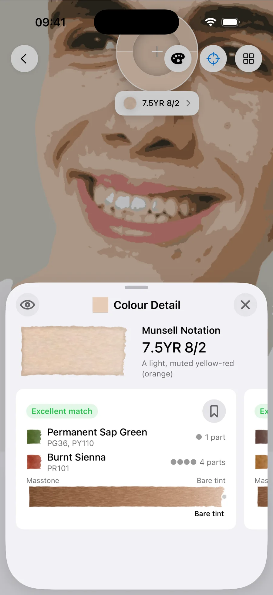Undertint sampling the highlight of light olive, MST 4. Reads 7.5YR 8/2 — a light, muted yellow-red (orange). Excellent match from 1 part Permanent Sap Green : 4 parts Burnt Sienna, using Permanent Sap Green (PG36, PY110) and Burnt Sienna (PR101), at bare tint dilution.