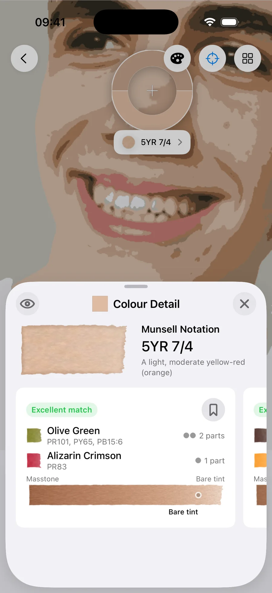 Undertint sampling the mid of light olive, MST 4. Reads 5YR 7/4 — a light, moderate yellow-red (orange). Excellent match from 2 parts Olive Green : 1 part Alizarin Crimson, using Olive Green (PR101, PY65, PB15:6) and Alizarin Crimson (PR83), at bare tint dilution.