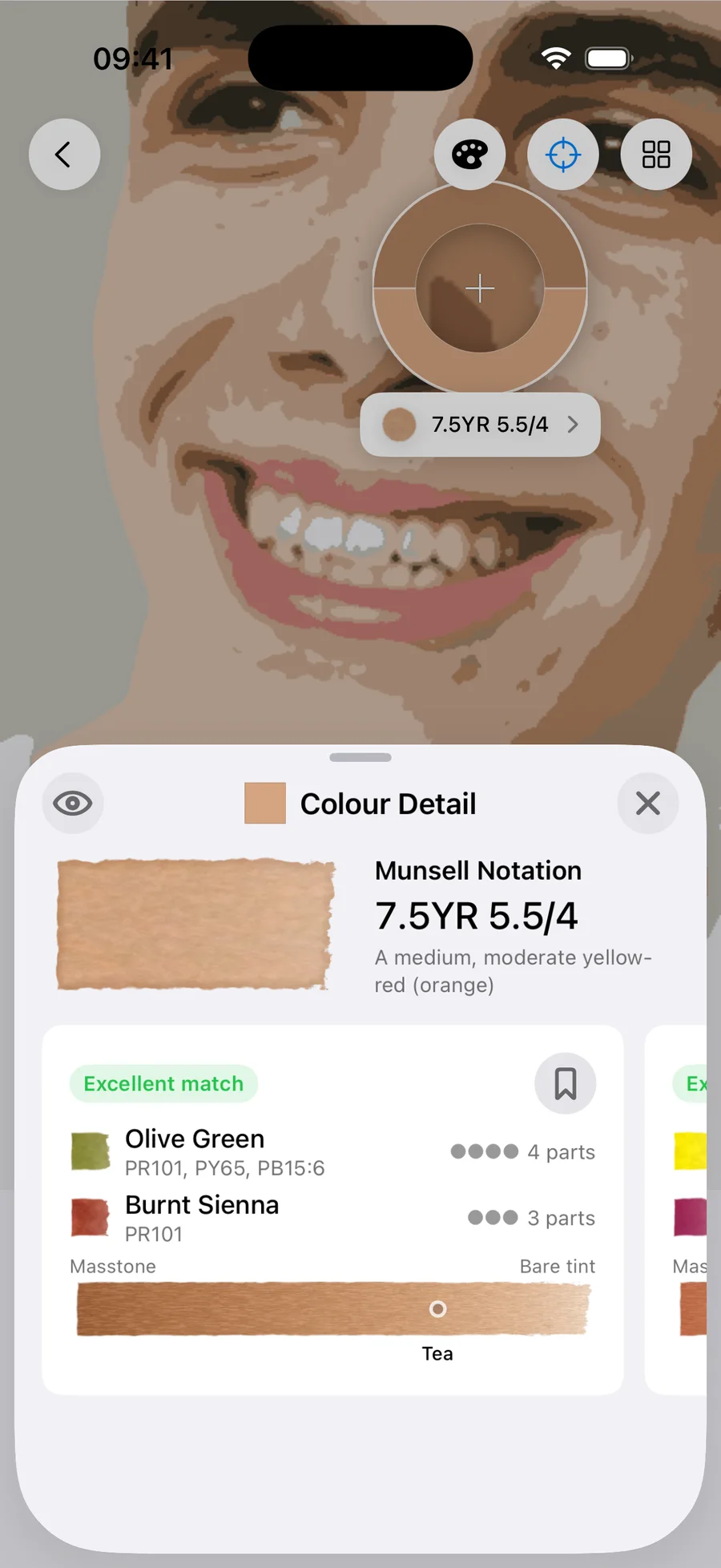 Undertint sampling the shadow of light olive, MST 4. Reads 7.5YR 5.5/4 — a medium, moderate yellow-red (orange). Excellent match from 4 parts Olive Green : 3 parts Burnt Sienna, using Olive Green (PR101, PY65, PB15:6) and Burnt Sienna (PR101), at tea dilution.