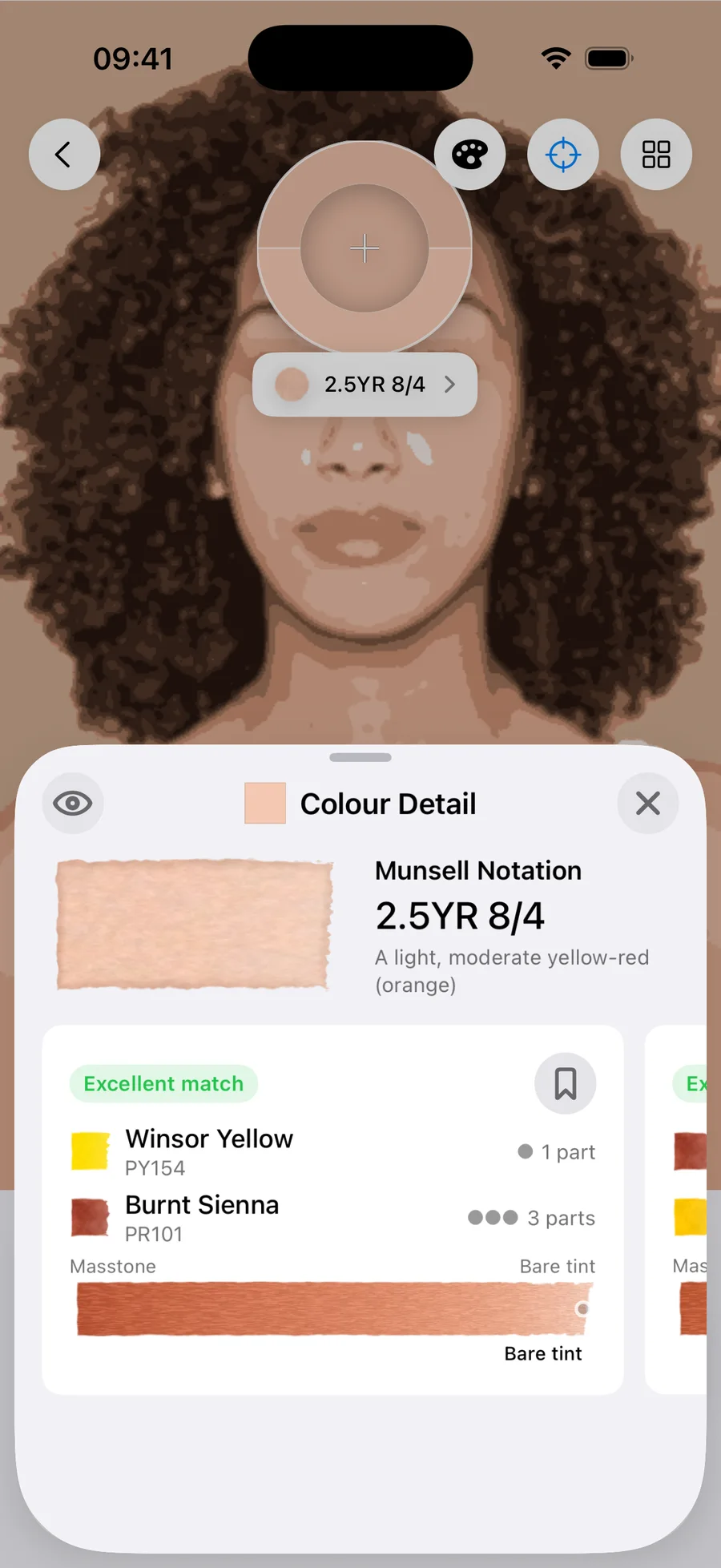 Undertint sampling the mid of medium, golden undertone, MST 5. Reads 2.5YR 8/4 — a light, moderate yellow-red (orange). Excellent match from 1 part Winsor Yellow : 3 parts Burnt Sienna, using Winsor Yellow (PY154) and Burnt Sienna (PR101), at bare tint dilution.