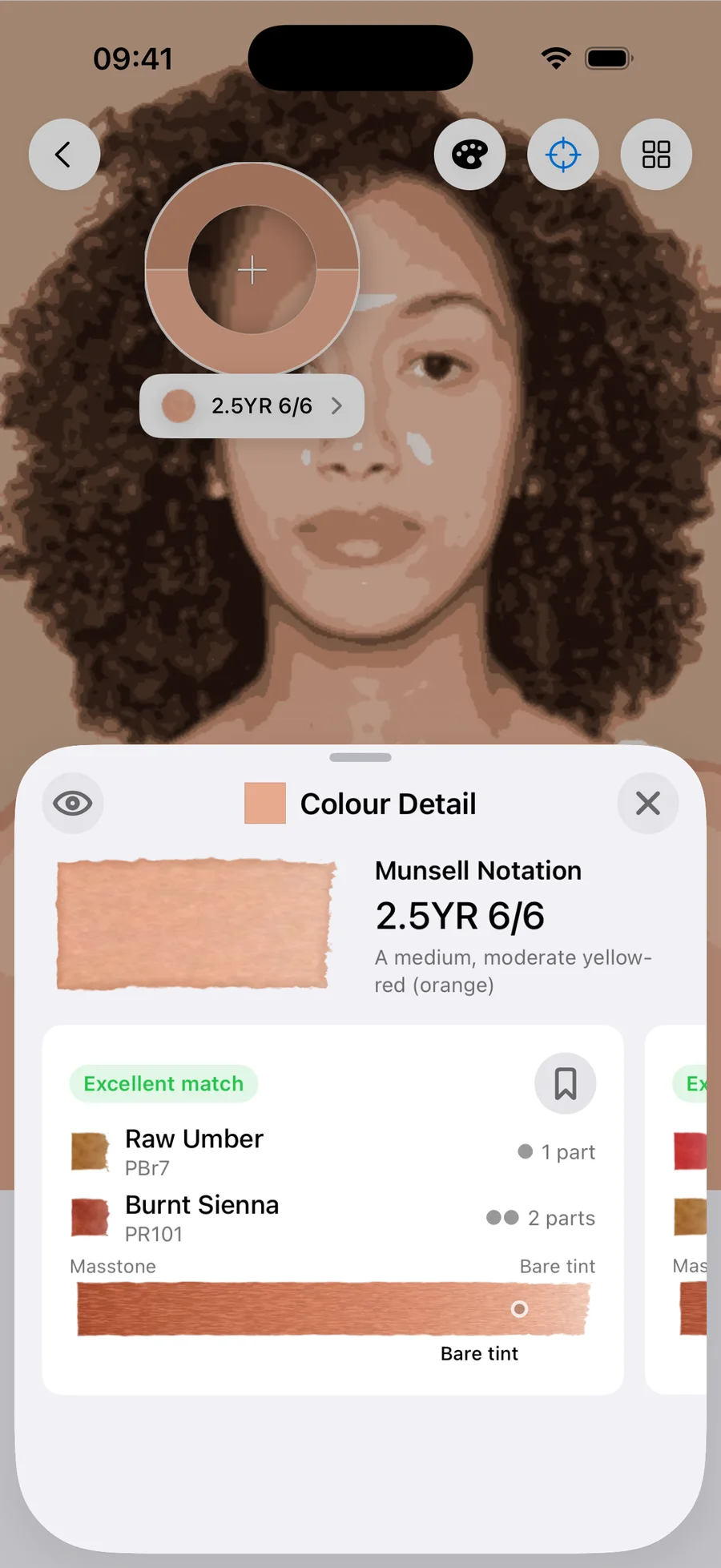 Undertint sampling the shadow of medium, golden undertone, MST 5. Reads 2.5YR 6/6 — a medium, moderate yellow-red (orange). Excellent match from 1 part Raw Umber : 2 parts Burnt Sienna, using Raw Umber (PBr7) and Burnt Sienna (PR101), at bare tint dilution.